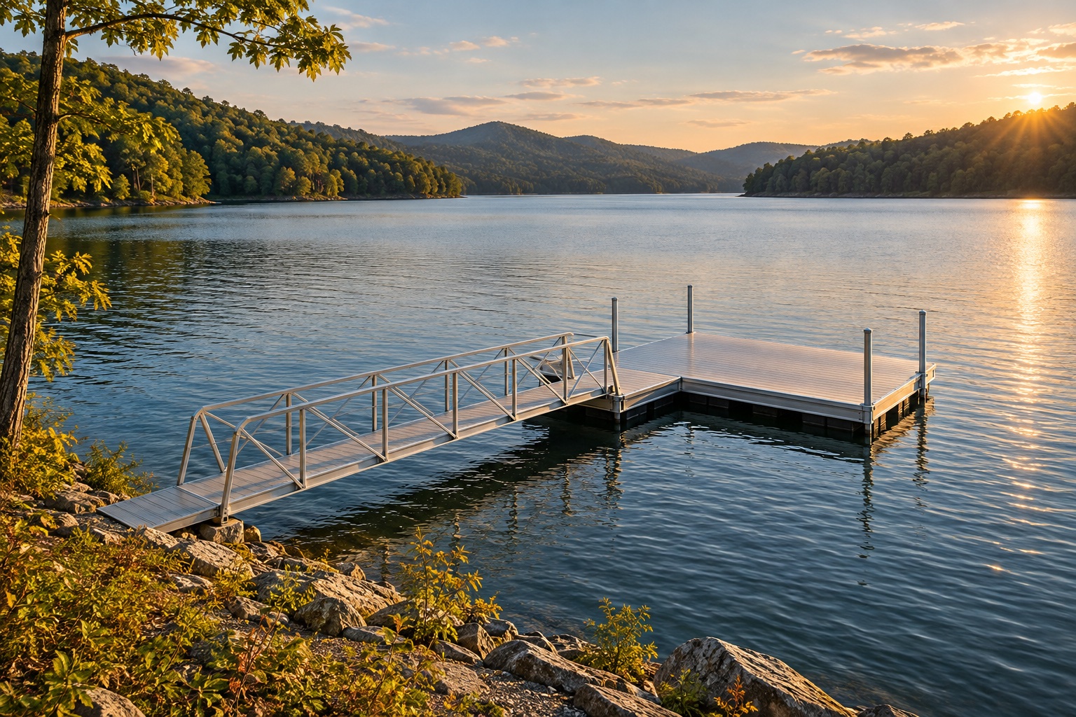 Illustrative lake scene with a generic aluminum dock and gangway; not an Apex project